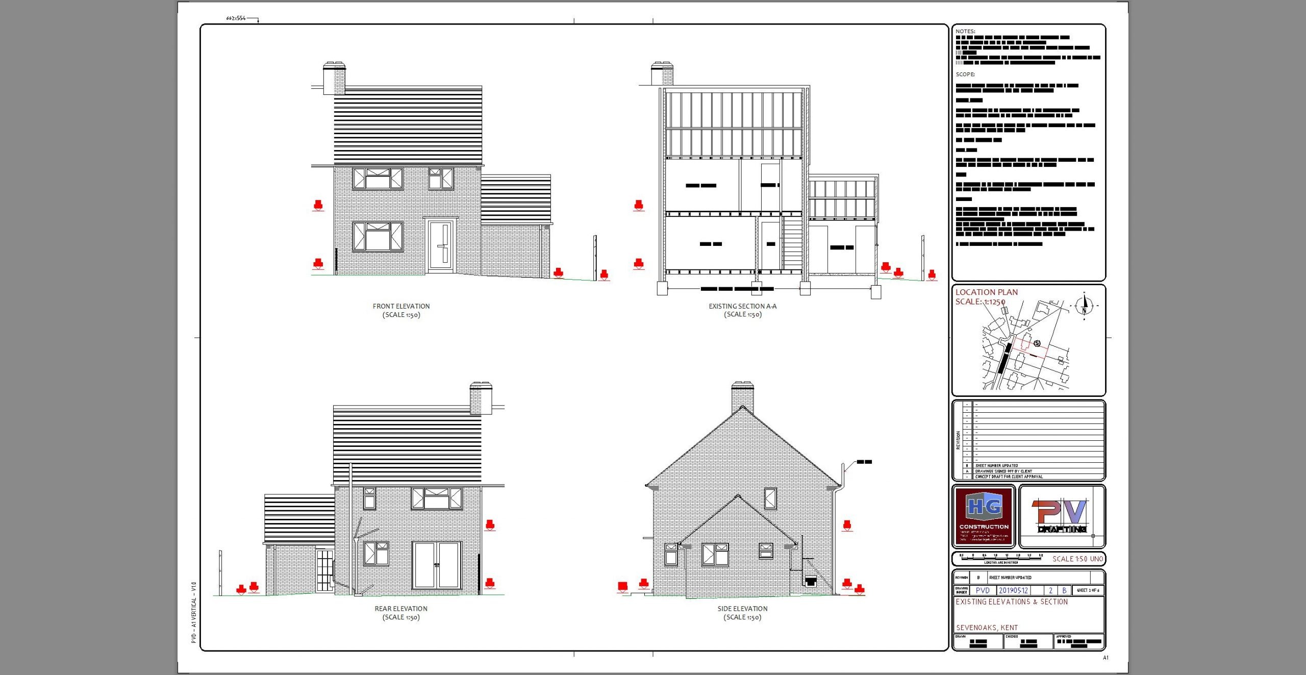 Building Regulations Drawing - Sevenoaks Kent - Existing Elevations & Section